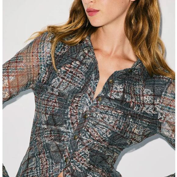 Ramy Brook Plaid Mesh Button Up Shirt XS Ruched Y2K Gray Fitted Career Work $325